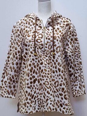 SUSAN GRAVER  Hoodie Leopard print 1/2 Zip Pullover Size Med